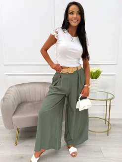 Khaki Spodnie z Szeroką Nogawką i Paskiem 13936-407-B|Modna Kiecka Outlet