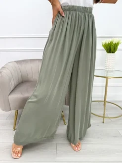 Khaki Spodnie z Szeroką Nogawką 13990-309-B|Modna Kiecka Online