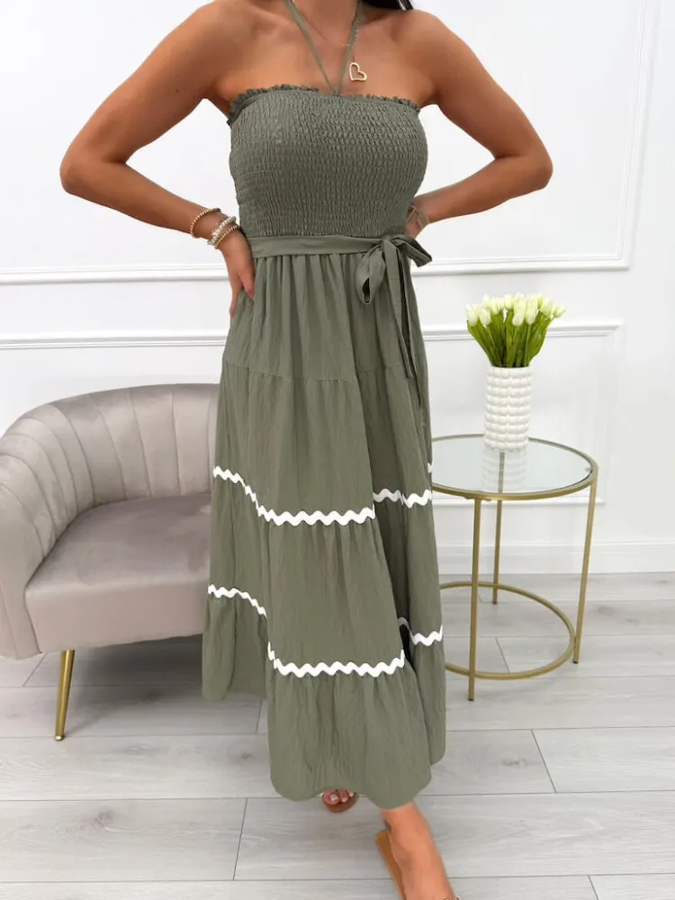 Khaki Sukienka bez Rękawów 14022-74-E|Modna Kiecka Hot
