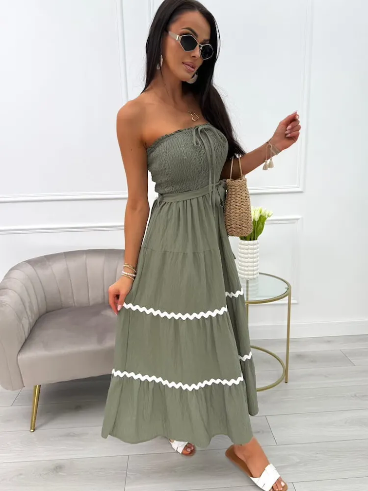Khaki Sukienka bez Rękawów 14022-74-E|Modna Kiecka Hot