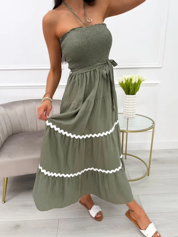 Khaki Sukienka bez Rękawów 14022-74-E|Modna Kiecka Hot