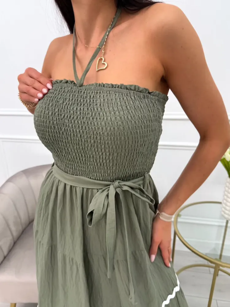 Khaki Sukienka bez Rękawów 14022-74-E|Modna Kiecka Hot