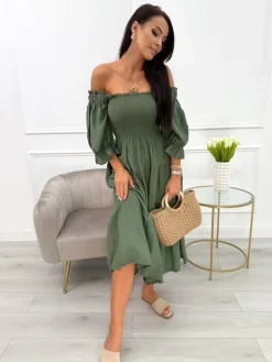 Khaki Sukienka Hiszpanka Midi 13991-313-B|Modna Kiecka Discount