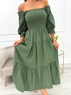Khaki Sukienka Hiszpanka Midi 13991-313-B|Modna Kiecka Discount
