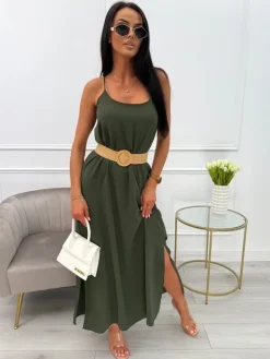 Khaki Sukienka Maxi na Ramiączkach 13880-143-D|Modna Kiecka Online