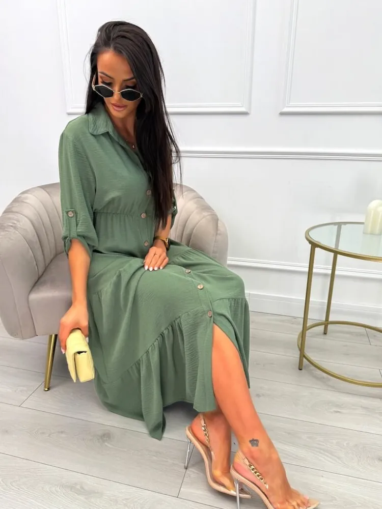 Khaki Sukienka Maxi z Guzikami 13767-65-C|Modna Kiecka Discount