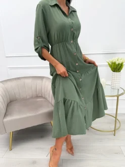 Khaki Sukienka Maxi z Guzikami 13767-65-C|Modna Kiecka Discount
