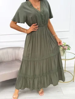 Khaki Sukienka Maxi z Ozdobnym Haftem 14021-229-D|Modna Kiecka Fashion