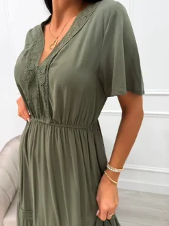 Khaki Sukienka Maxi z Ozdobnym Haftem 14021-229-D|Modna Kiecka Fashion