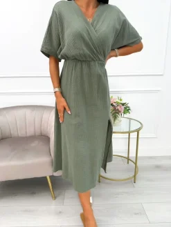 Khaki Sukienka Maxi z Rozporkiem 14099-509-B|Modna Kiecka Online