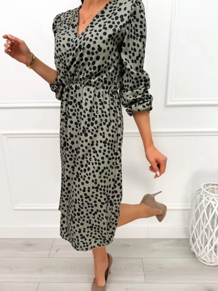 Khaki Sukienka w Cętki z Rozcięciem 13461-421-C|Modna Kiecka Fashion
