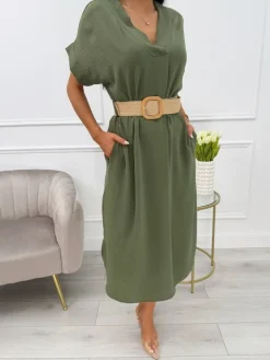 Khaki Sukienka z Dekoltem V i Paskiem 13791-165-C|Modna Kiecka Discount