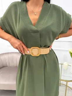Khaki Sukienka z Dekoltem V i Paskiem 13791-165-C|Modna Kiecka Discount