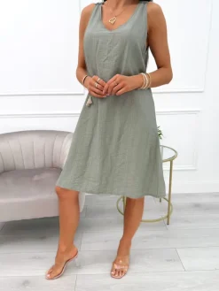 Khaki Sukienka z Haftem z Tyłu 14098-425-C|Modna Kiecka Best