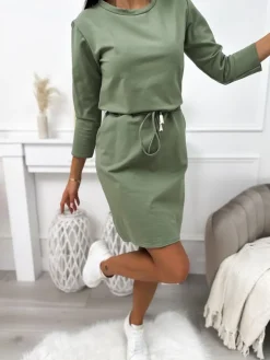 Khaki Sukienka z Kieszeniami 11388-259-D|Modna Kiecka Best
