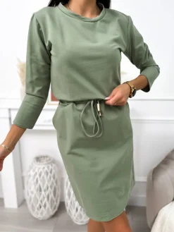 Khaki Sukienka z Kieszeniami 11388-259-D|Modna Kiecka Best