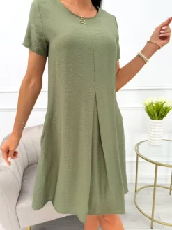 Khaki Sukienka z Kieszeniami 13969-336-F|Modna Kiecka New