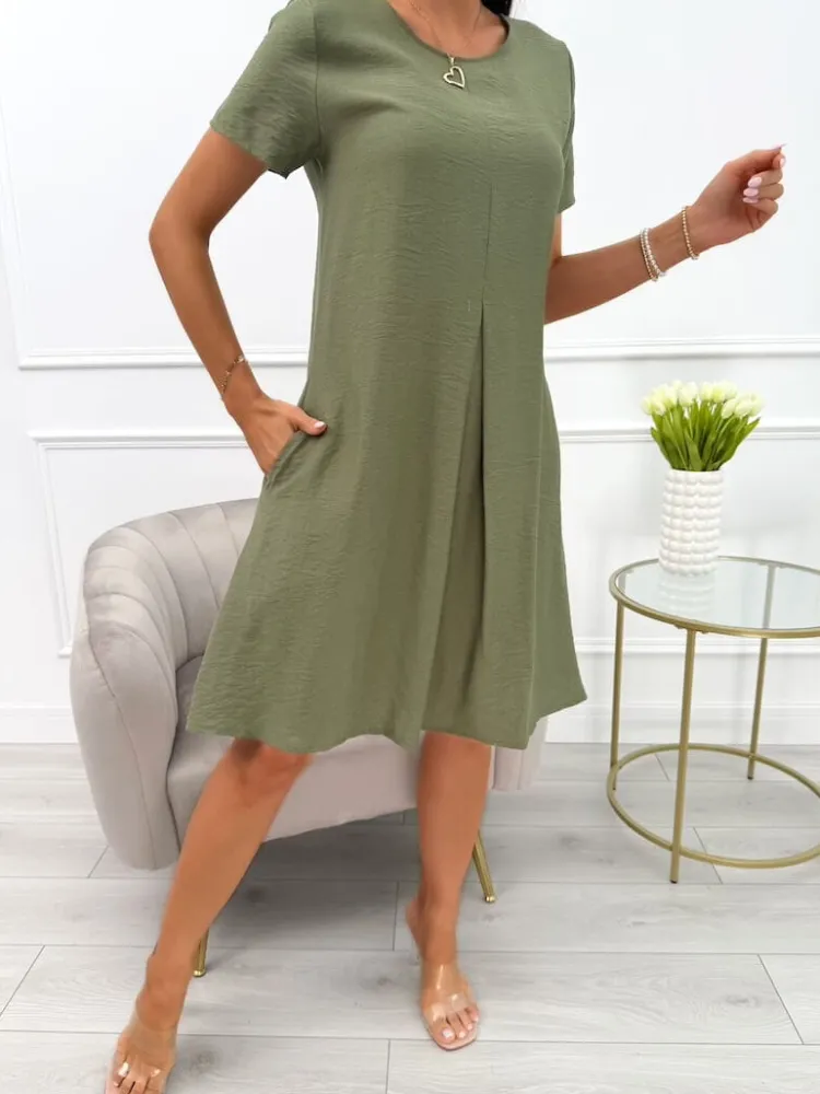 Khaki Sukienka z Kieszeniami 13969-336-F|Modna Kiecka New
