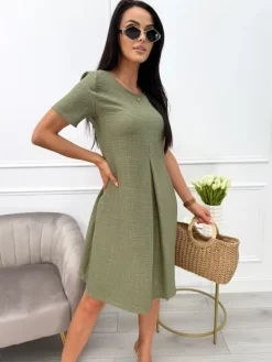 Khaki Sukienka z Kieszeniami 13707-103-E|Modna Kiecka Hot