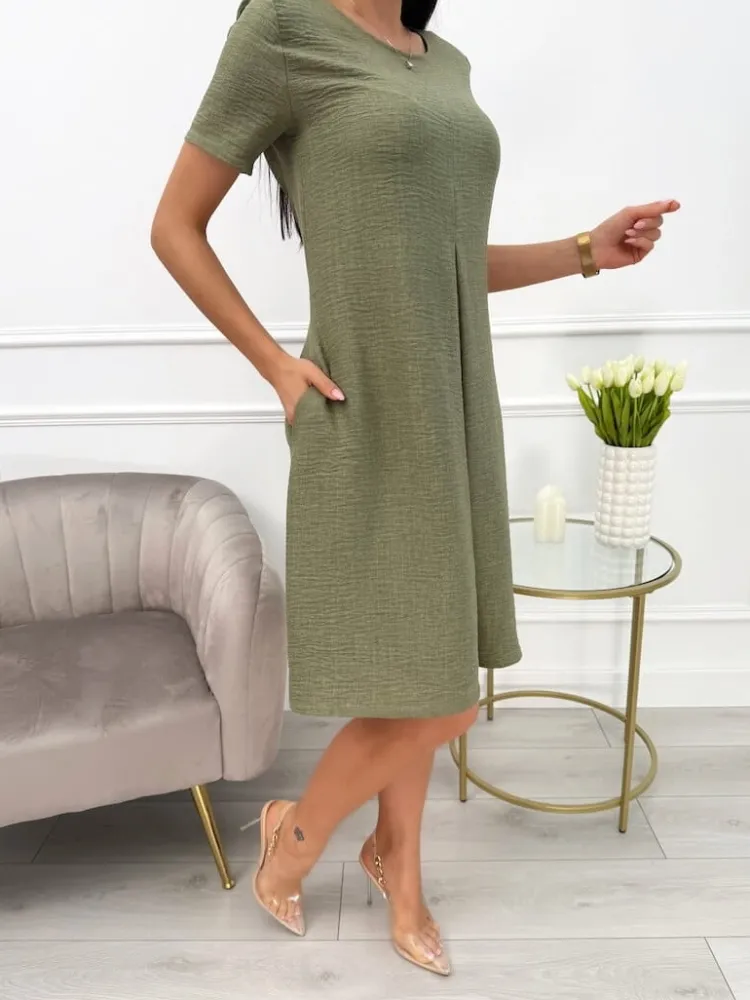Khaki Sukienka z Kieszeniami 13707-103-E|Modna Kiecka Hot