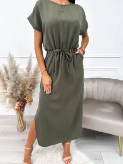 Khaki Sukienka z Kieszonkami 10330-227-D|Modna Kiecka Outlet