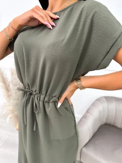 Khaki Sukienka z Kieszonkami 10330-227-D|Modna Kiecka Outlet