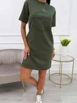 Khaki Sukienka z Krótkim Rękawem i Tłoczeniem 13907-414-C|Modna Kiecka New