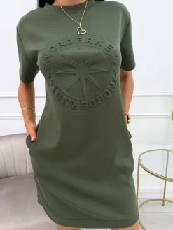 Khaki Sukienka z Krótkim Rękawem i Tłoczeniem 13907-414-C|Modna Kiecka New