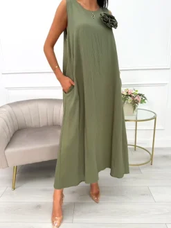 Khaki Sukienka z Ozdobną Broszką i Kieszeniami  14043-56-B|Modna Kiecka Clearance