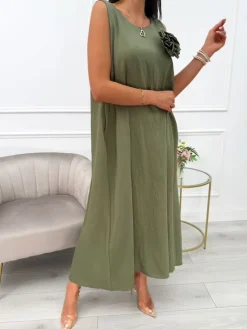 Khaki Sukienka z Ozdobną Broszką i Kieszeniami  14043-56-B|Modna Kiecka Clearance