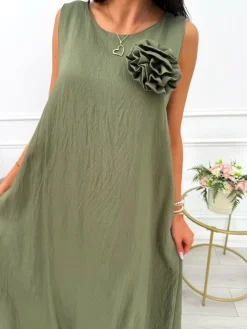 Khaki Sukienka z Ozdobną Broszką i Kieszeniami  14043-56-B|Modna Kiecka Clearance