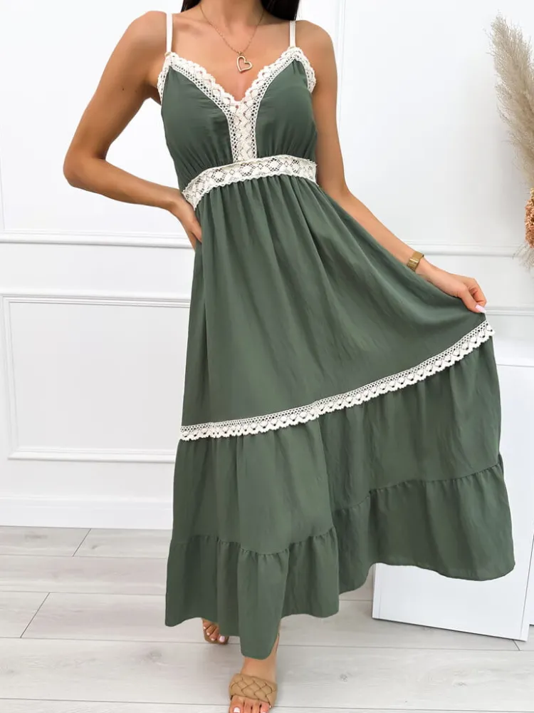 Khaki Sukienka z Ozdobnym Haftem 12542-524-C|Modna Kiecka Best