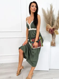 Khaki Sukienka z Ozdobnym Haftem 12542-524-C|Modna Kiecka Best