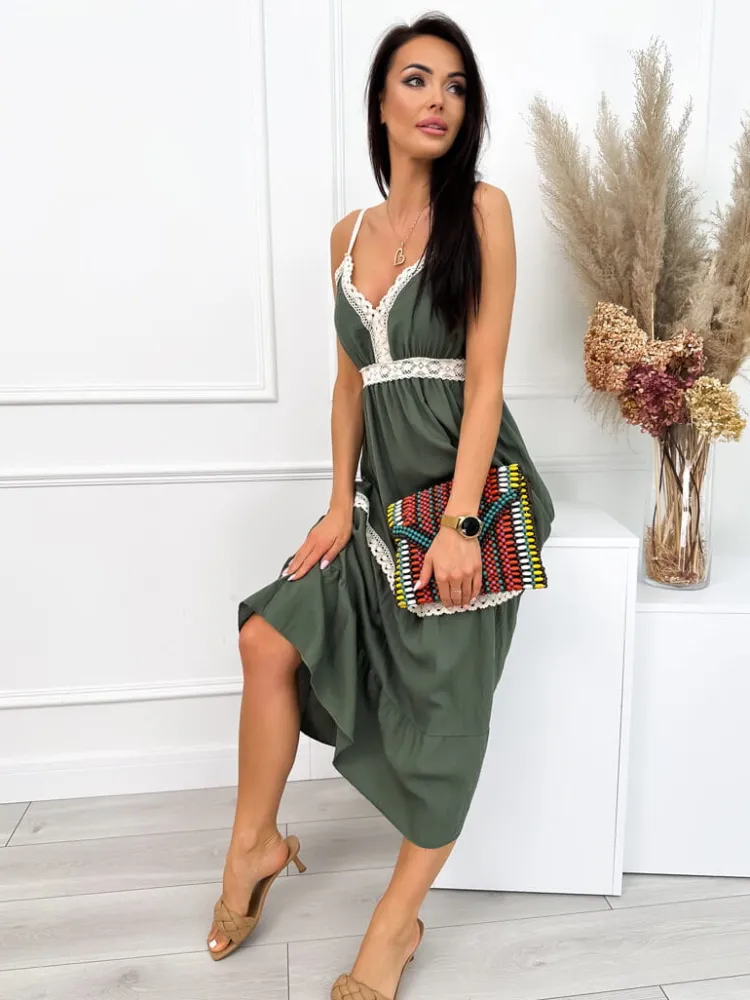 Khaki Sukienka z Ozdobnym Haftem 12542-524-C|Modna Kiecka Best