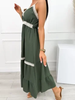 Khaki Sukienka z Ozdobnym Haftem 12542-524-C|Modna Kiecka Best