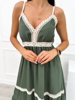 Khaki Sukienka z Ozdobnym Haftem 12542-524-C|Modna Kiecka Best