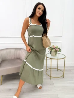 Khaki Sukienka z Ozdobnymi Ramiączkami 14025-509-E|Modna Kiecka Clearance