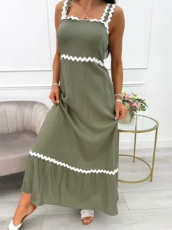 Khaki Sukienka z Ozdobnymi Ramiączkami 14025-509-E|Modna Kiecka Clearance