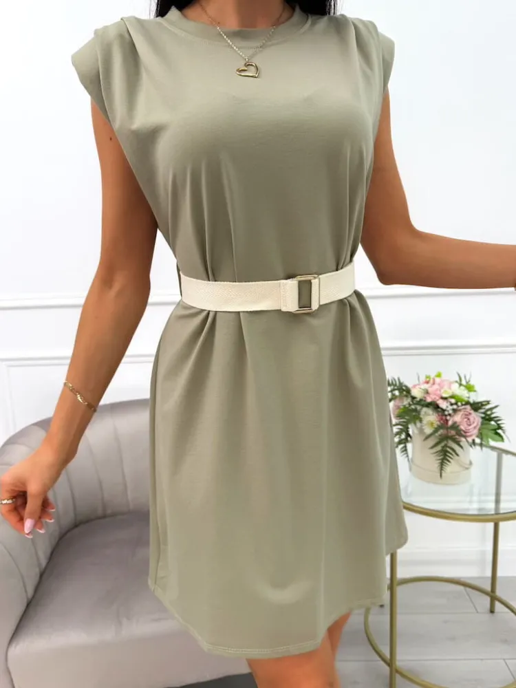 Khaki Sukienka z Paskiem 14068-322-D|Modna Kiecka Sale