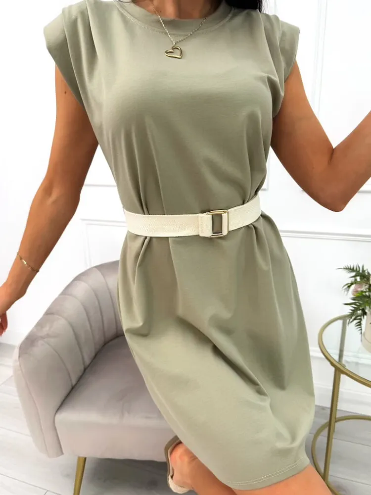 Khaki Sukienka z Paskiem 14068-322-D|Modna Kiecka Sale