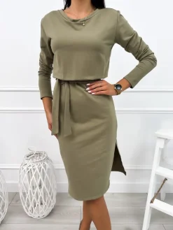 Khaki Sukienka z Rozcięciem i z Paskiem 12657-10-D|Modna Kiecka Online