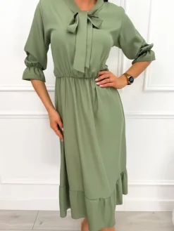 Khaki Sukienka z Wiązaniem 13494-121-D|Modna Kiecka Fashion