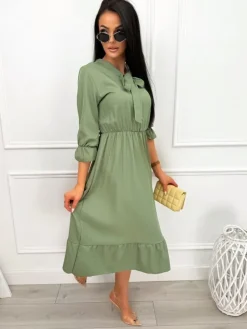 Khaki Sukienka z Wiązaniem 13494-121-D|Modna Kiecka Fashion