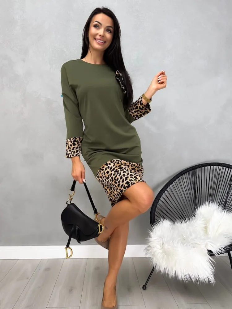 Khaki Sukienka ze Wstawkami w Panterkę 13106-525-D|Modna Kiecka Best