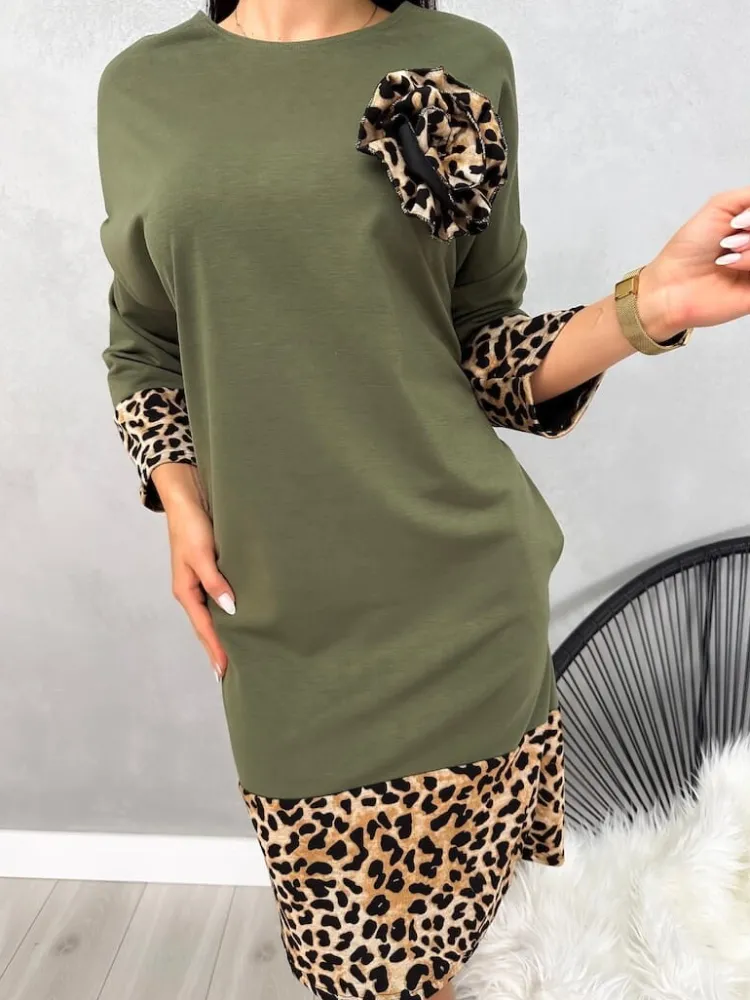 Khaki Sukienka ze Wstawkami w Panterkę 13106-525-D|Modna Kiecka Best