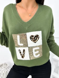 Khaki Sweter z Aplikacją 12770-65-G|Modna Kiecka Clearance