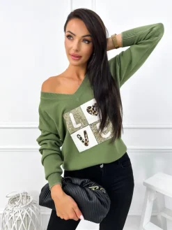 Khaki Sweter z Aplikacją 12770-65-G|Modna Kiecka Clearance