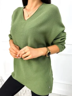 Khaki Sweterek z Dekoltem V 13049-284-F|Modna Kiecka New