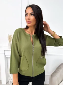 Khaki Sweterek z Kieszonkami 11398-518-D|Modna Kiecka Outlet