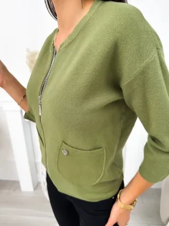 Khaki Sweterek z Kieszonkami 11398-518-D|Modna Kiecka Outlet